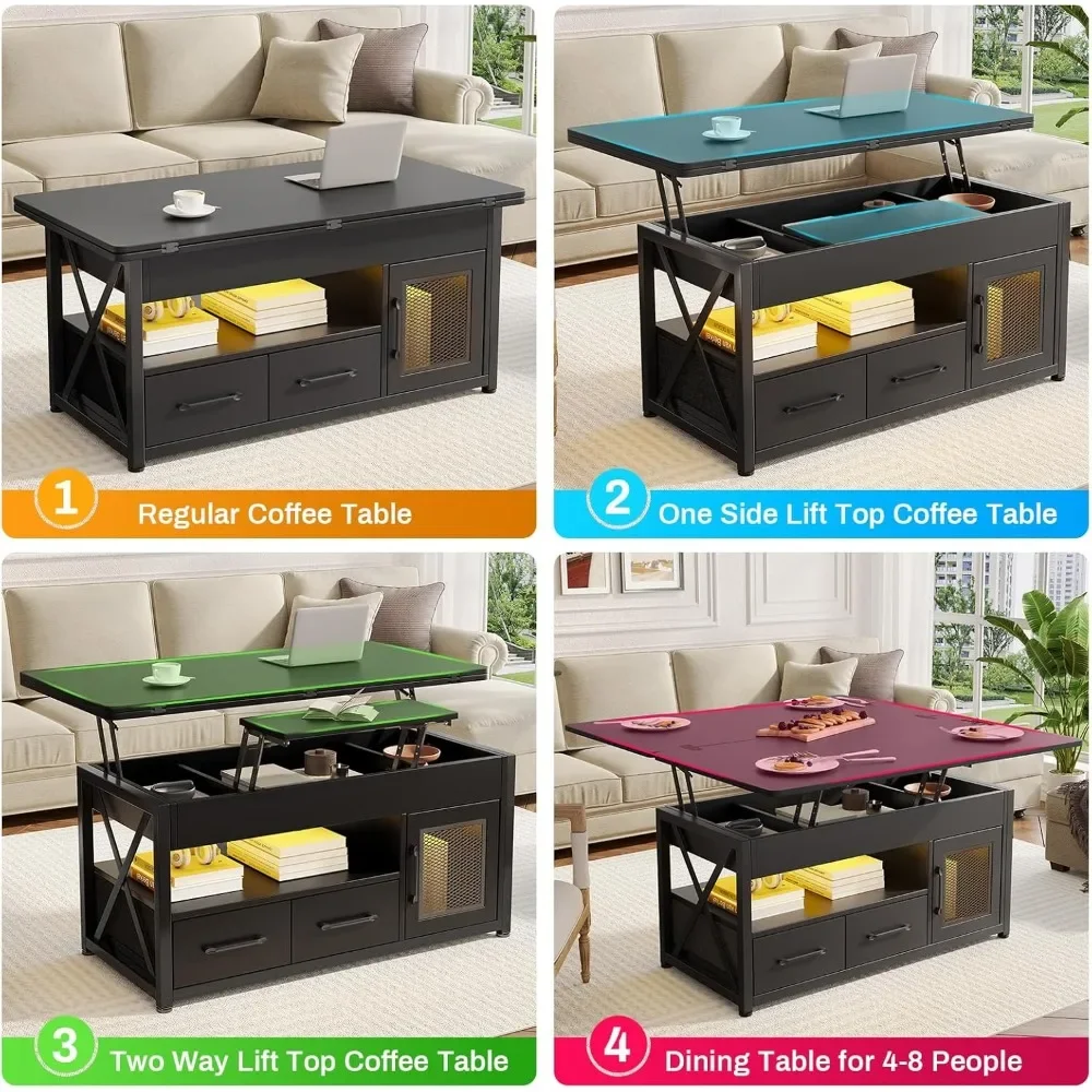 40" Lift Top Coffee Table 4 in 1 with Storage Cabinet for Living Room,with 2 Fabric Drawers & LED Light Farmhouse Coffee Table