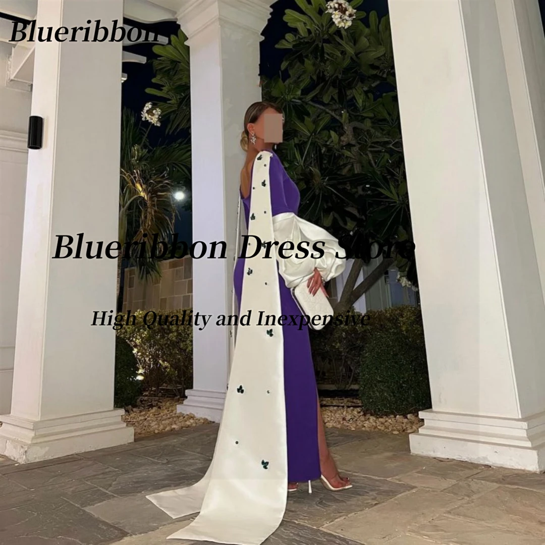 Blueribbon Little V Neck Prom Dresses 2024 Contrast Color Evening Gowns Long Sleeves Crystals Flutters Formal Dress Side Slit