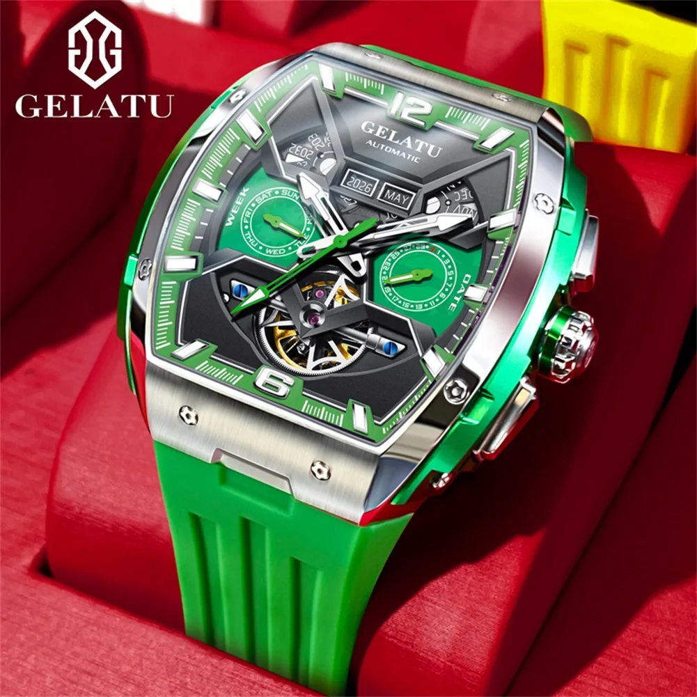 

GELATU 6013 Automatic Mechanical Watch for Men Fashion Casual Green Watches Skeleton Waterproof Multi functional Calendar Watch