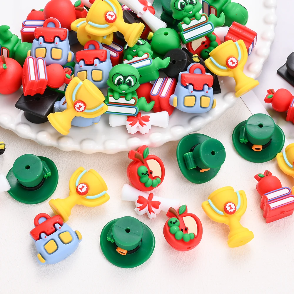 8pcs DIY Infant Nursing Teether Toy Pacifier Chain Accessory Food Grade Cartoon Book Trophy Cowboy Hat Fashion Silicone Bead