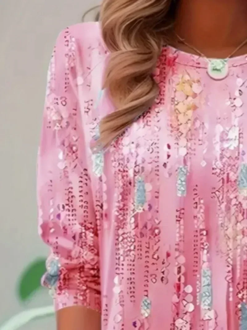 플러스 Size1XL-5XL 여성 봄 여름 패션 티셔츠 숙녀 캐주얼 탑 라운드 넥 세련된 쿼터 슬리브 티셔츠