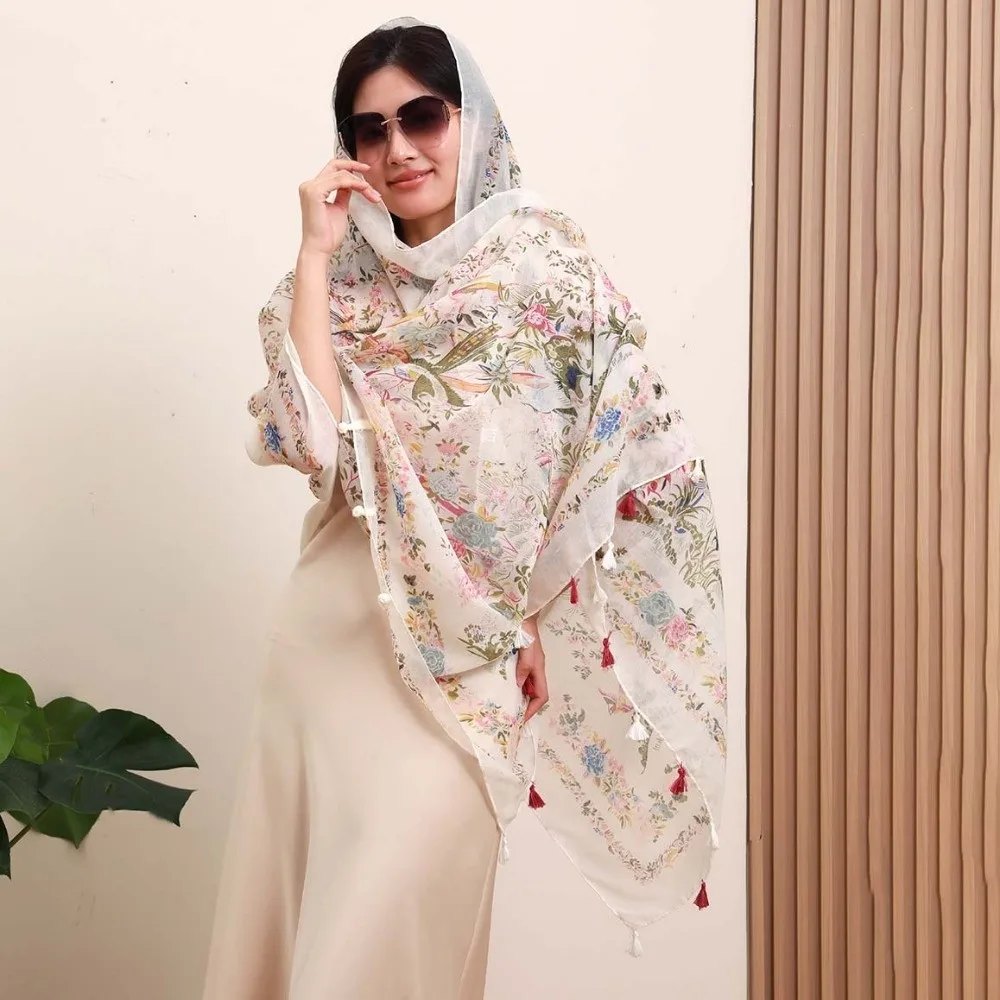 Bufanda Floral dulce y transpirable para mujer, chal grande fino con botones de rana, pañuelo largo ligero con protección solar, decoración para el cuello