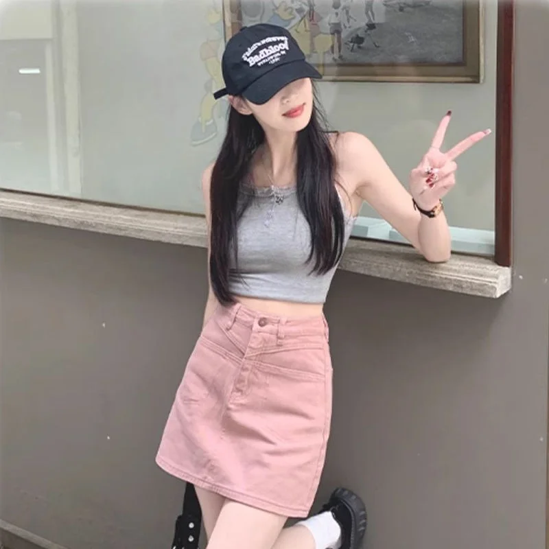 

Повседневная женская джинсовая юбка с розовым принтом и высокой талией, тонкая трапециевидная юбка с запахом, небольшой размер, весна 2025 Faion