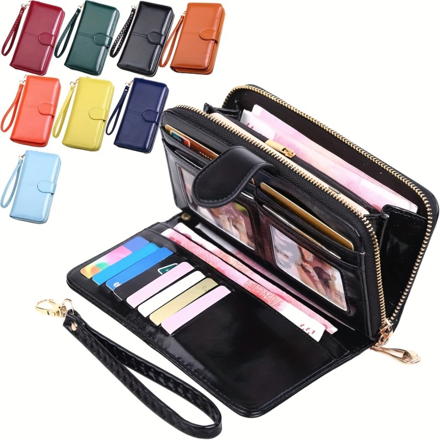 

Bifold Zipper Clutch Purse, PU Leather Textured Wristlet Wallet, Casual Portable Practical Card Holder