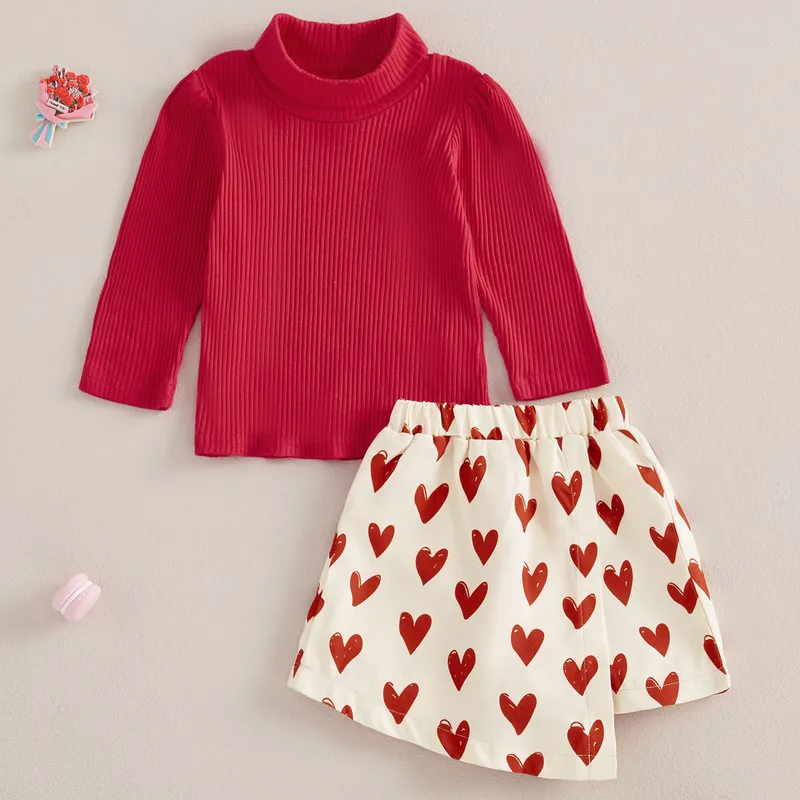 RUEWEY 1 to 5 Years Toddler Girl Valentine's Day Outfits Solid Color Mock Neck Long Sleeve T-Shirts Tops and Heart Print Skorts