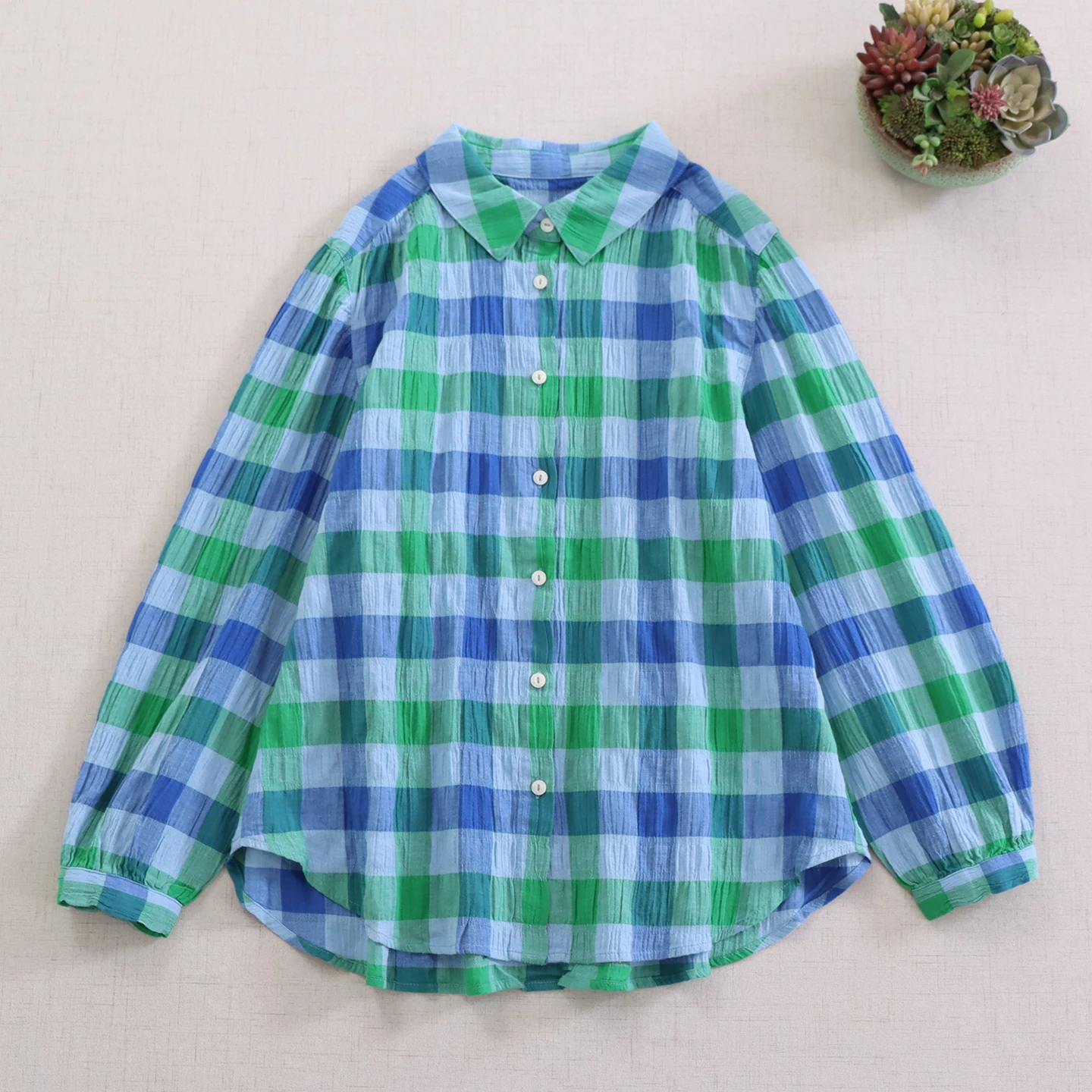 

Japanese Mori Girl Vintage Plaid Cotton Shirts Women Spring Autumn New Turn Down Collar Long Sleeve Casual Loose Blouse Tops