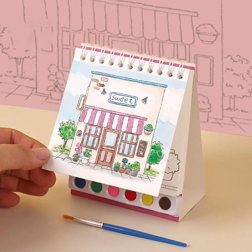 Mini House Coloring Book 20 Pages DIY Watercolor Painting Set 6 Colors Arts Crafts Painting Sketch Book Toddler