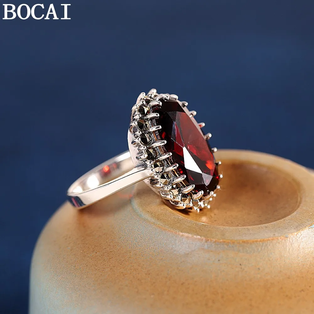 BOCAI S925 Sterling Silver Charms Rings for Women Retro Claws Inlaid Tangent Plane Garnet New Fashion Jewelry Wholesale