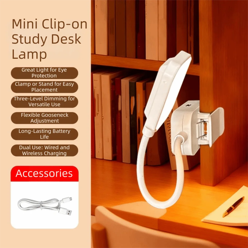3 Modes LED Clip On Book Light Flexible Neck Three Color Temperatures USB Rechargeable Light Long Press Adjust White Shell