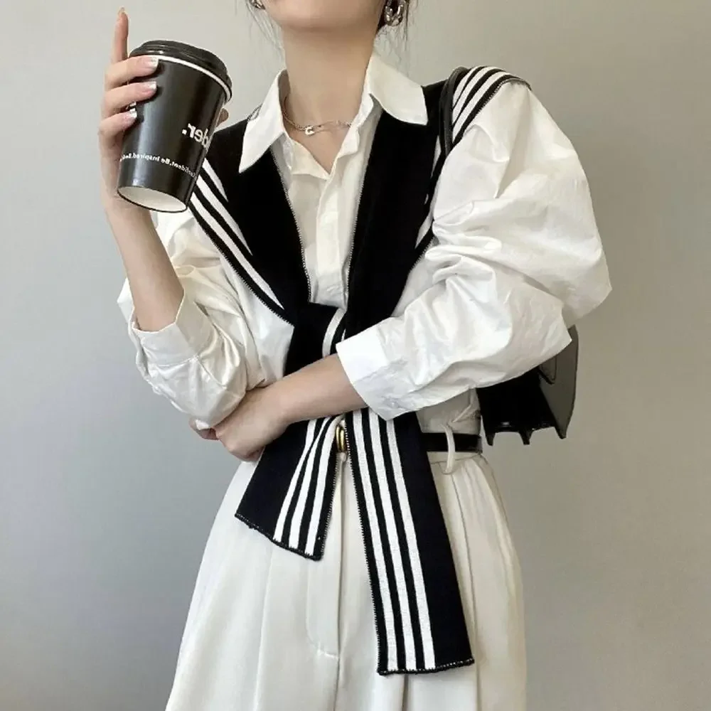 Black White Stripe Knitted Shawl Women Blouse Shoulders Fake Collar Cape Scarves Simple Grace Scarf Wraps Clothes Accessories