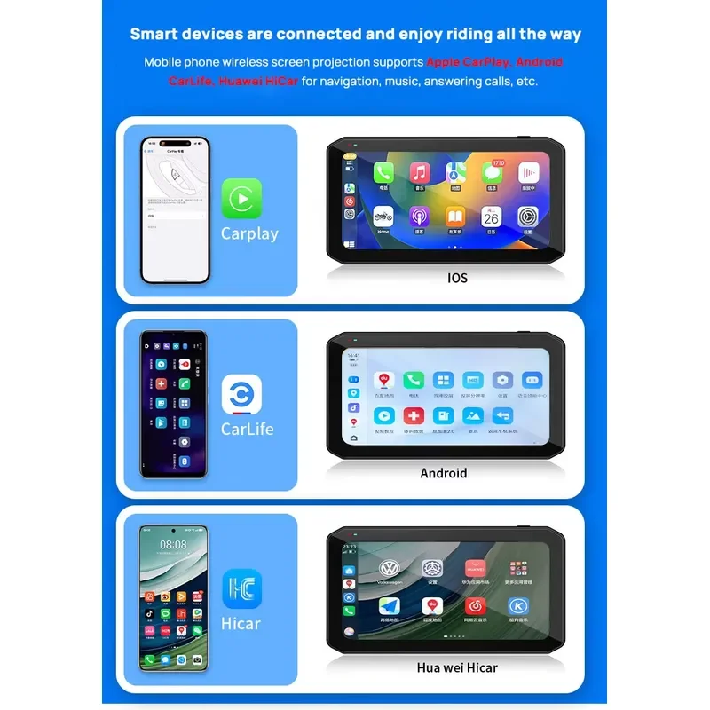 BOLRZO Wireless 6.25 inch Carplay screen for motorcycle waterproof GPS navigator with 2 high definition cameras Dvr Tmps Bsd