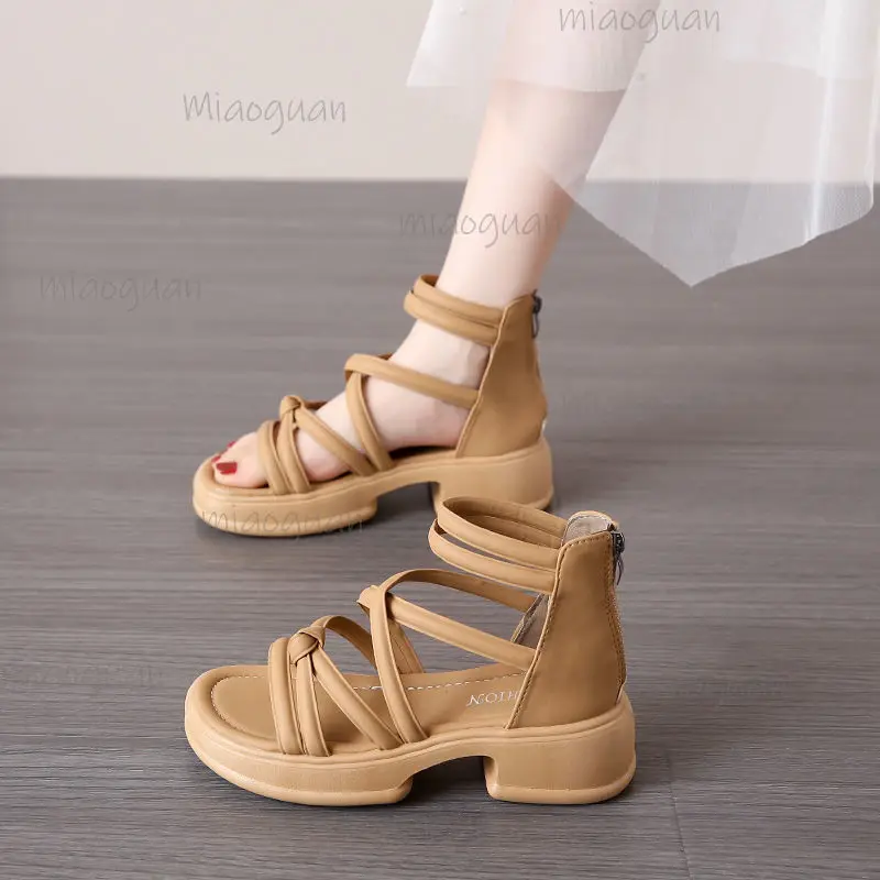 5CM Thick Heel Women Sandals Simple Roma Zip Hollow Open Toe Ladies Shoes Fashion Designer High Heels Roman Streetwear Footwears