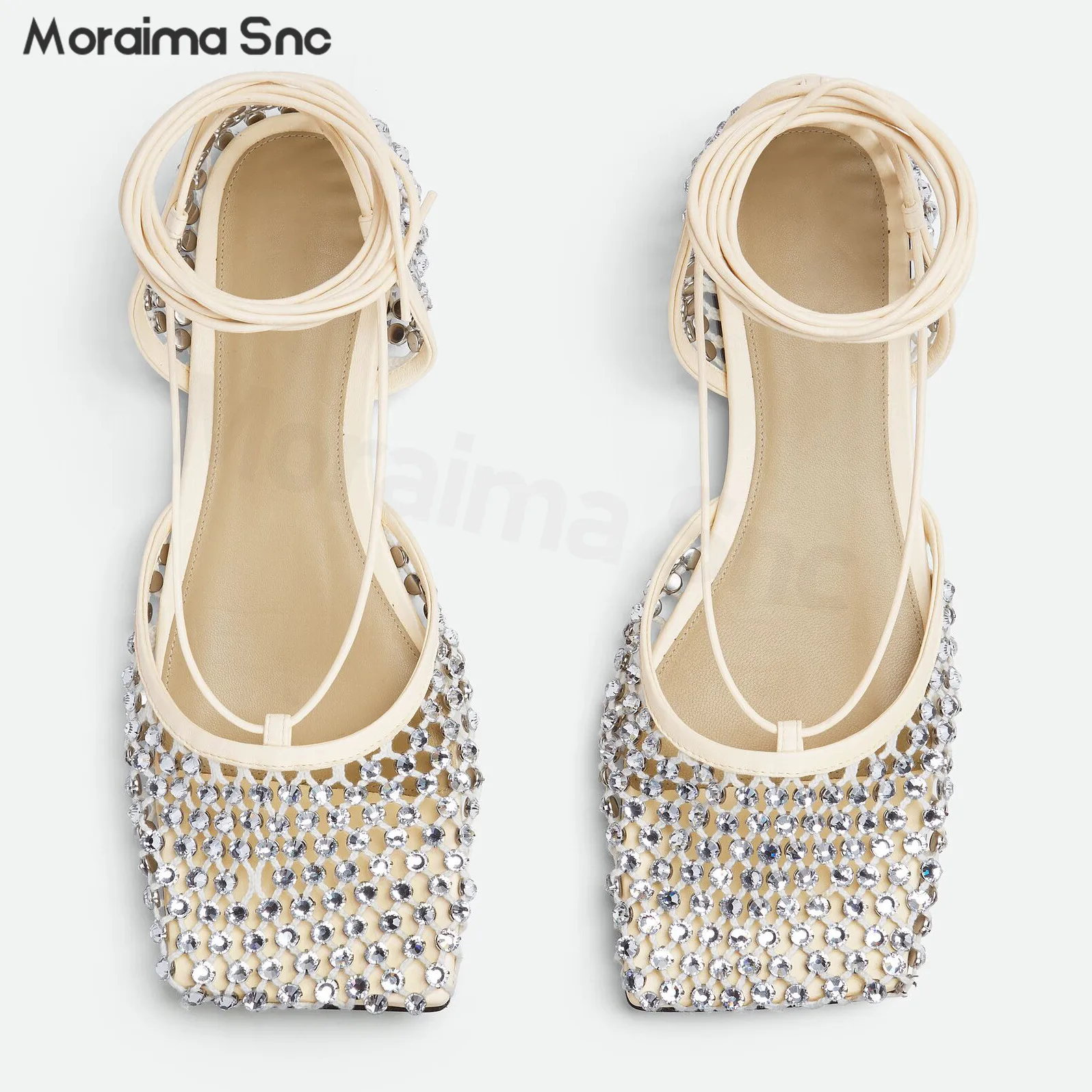 

White Hollow Mesh Rhinestone Flat Sandals Ankle Strap Fashion Sandals Square Toe Shallow Mouth Flat Temperament Women's Shoes