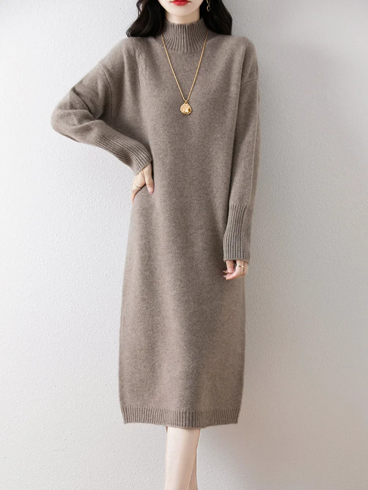 

Choice New Chic Women's 100% Merino Wool Dress Simple Row Style Long Dress Autumn Winter Grace Knitted Long Sleeve Dress Tops