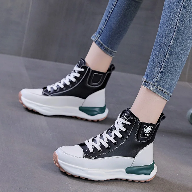 Snow Boots Height White Sneaker Increase Shoes Platform Boot Genuine Leather Shoe Spring Women Winter High Top Plush Thick Soles