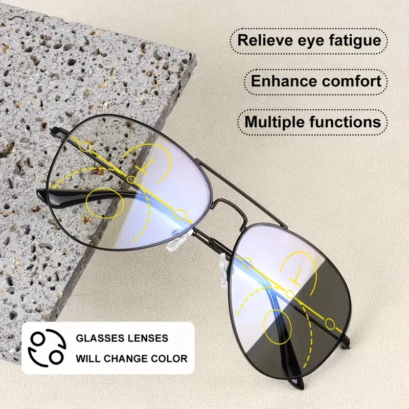 Klassische photochrome Lesebrille mit großem Metallrahmen für Herren mit progressiven Multifokalgläsern, Fahrerdioptrienbrille 1,0-3
