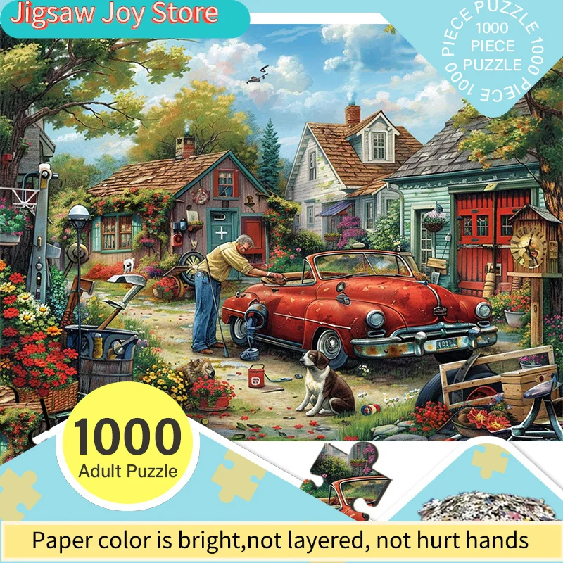 

A Box of (1000pcs) Puzzles, with a Red Retro Car Design - Scratch-Resistant, Challenging, Suitable, Family Entertainment, Home