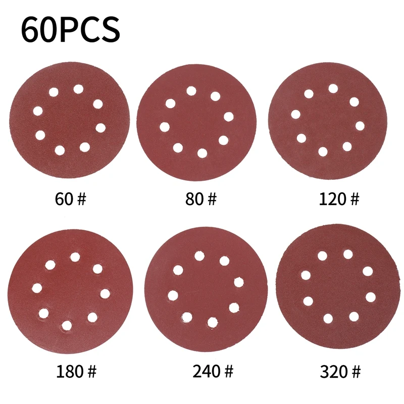 60PCS 5 Inch Sanding Discs Sandpaper Assorted 60 80 120 180 240 320 Grits For Power Random Track Sanders