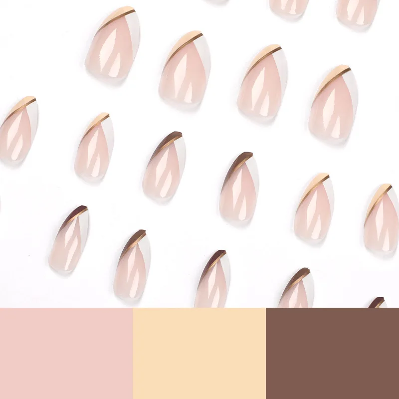 24Pcs Eagle beak armor False Nail White brown splicing oblique French style Wearable Manicure Press ON Nails Solid