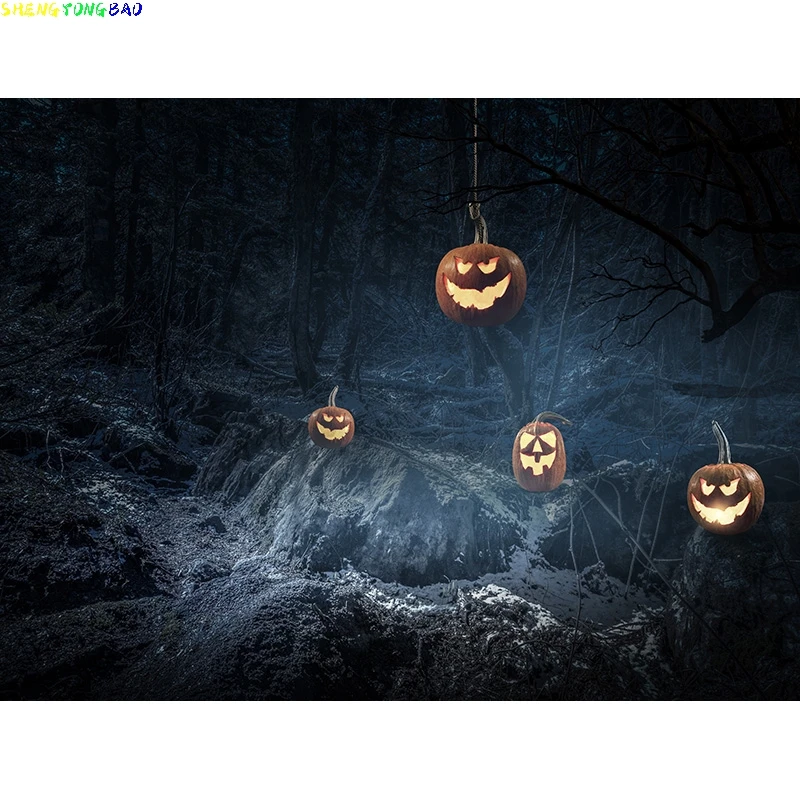 Halloween Backdrop Full Moon Scary House Night Castle Graveyard Forest Bats Pumpkin Lantern Spooky Photography Background  SJ-10