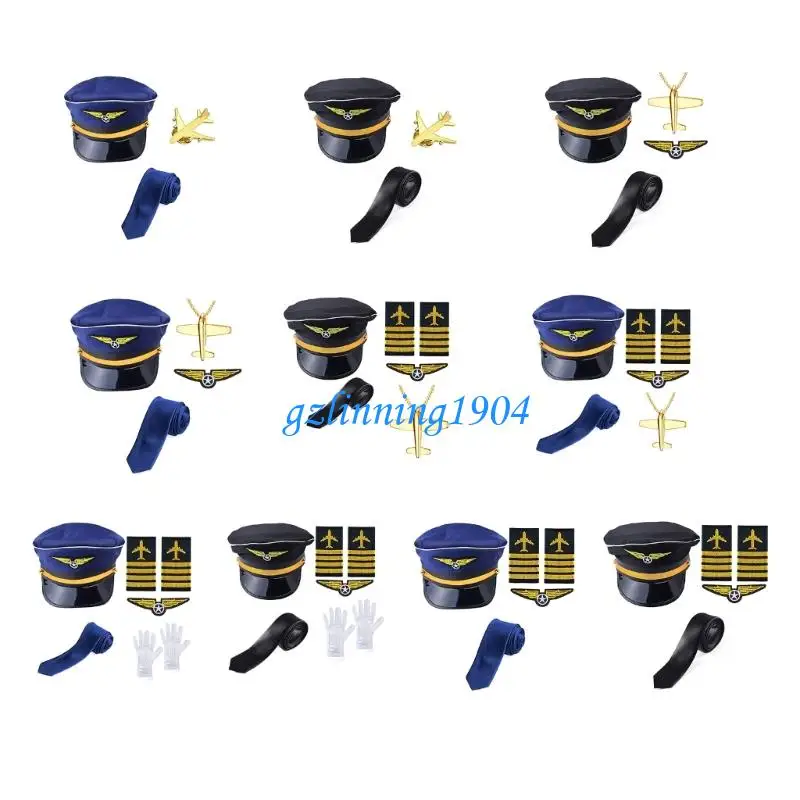 

L5YD Flight Attendant Costume Airline Captain Outfits Captain Hat Uniform Epaulets Neck Tie Glove for Men Women Halloween