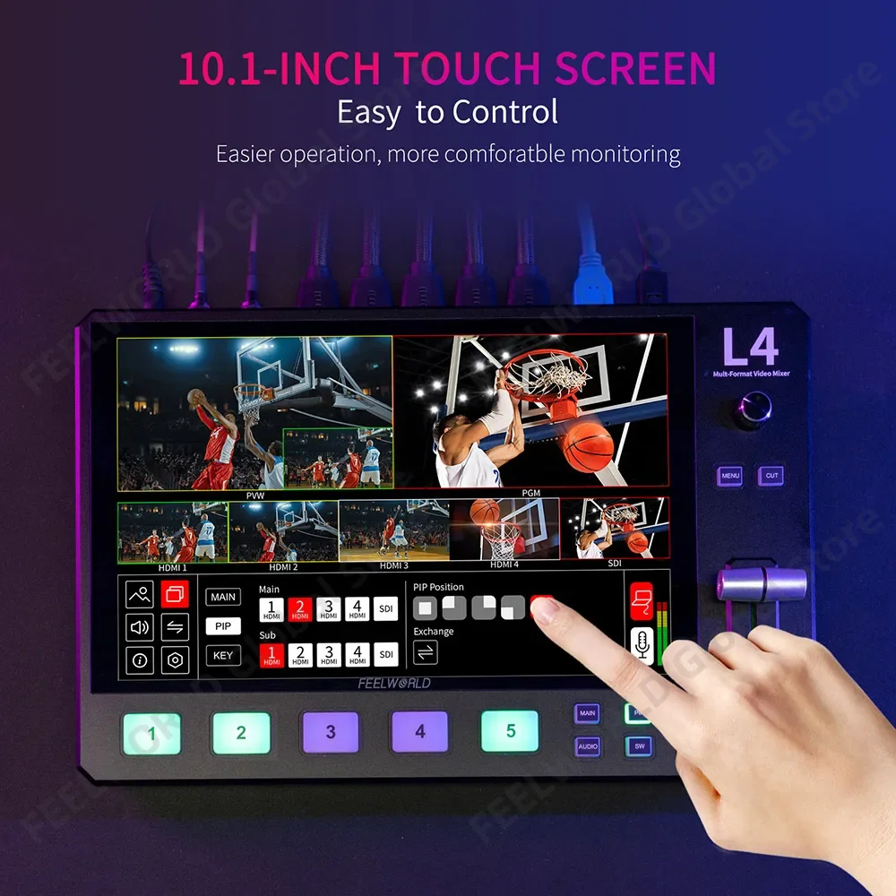 FEELWORLD L4   5-Channel Video Mixer Switcher With 10.1 Inch Touch Screen 4xHDMI 1xSDI Inputs Chroma Key USB3.0 Live Streaming