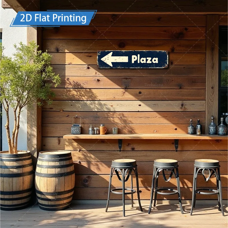 [2D FLAT] علامة معدنية قطعة واحدة، علامة معدنية ريفية مقاس 4 × 16 بوصة "Plaza" ديكور سهم اتجاهي