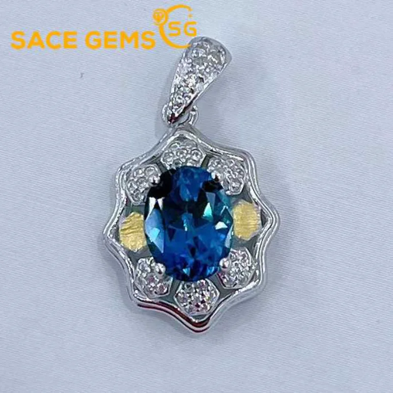 SACE GEMS New Trend London Blue Topaz Pendant 925 Sterling Silver Pendant Necklace for Women Everyday Party Fine Jewelry Gift