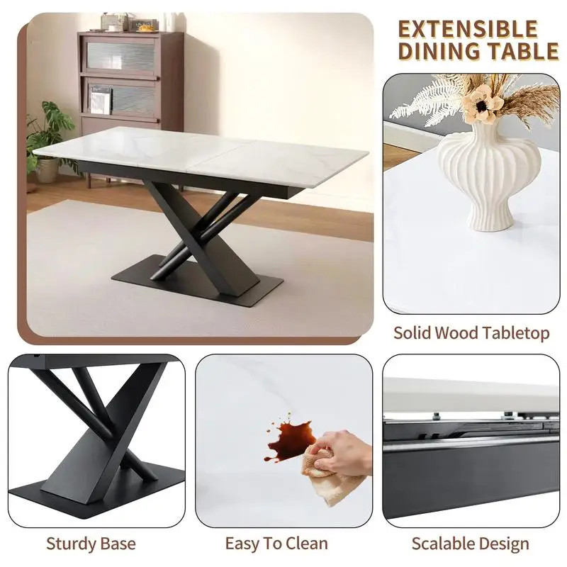 طاولة طعام حديثة مع سطح قشرة MDF من الرخام الأبيض وأرجل معدنية بإطار X هندسي، قاعدة قوية للمطبخ المعاصر أو #3