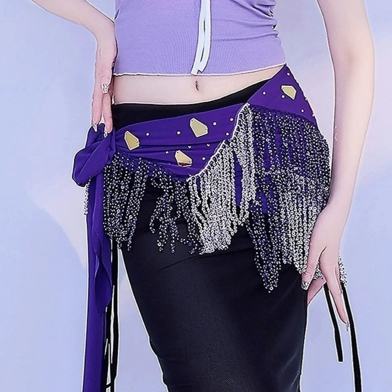 

Women Belly Dance Clothes Fringes Triangular Hip Scarf Oriental Dance Short Skirt Beaded Tassels Belt Training Stretchy Wraps
