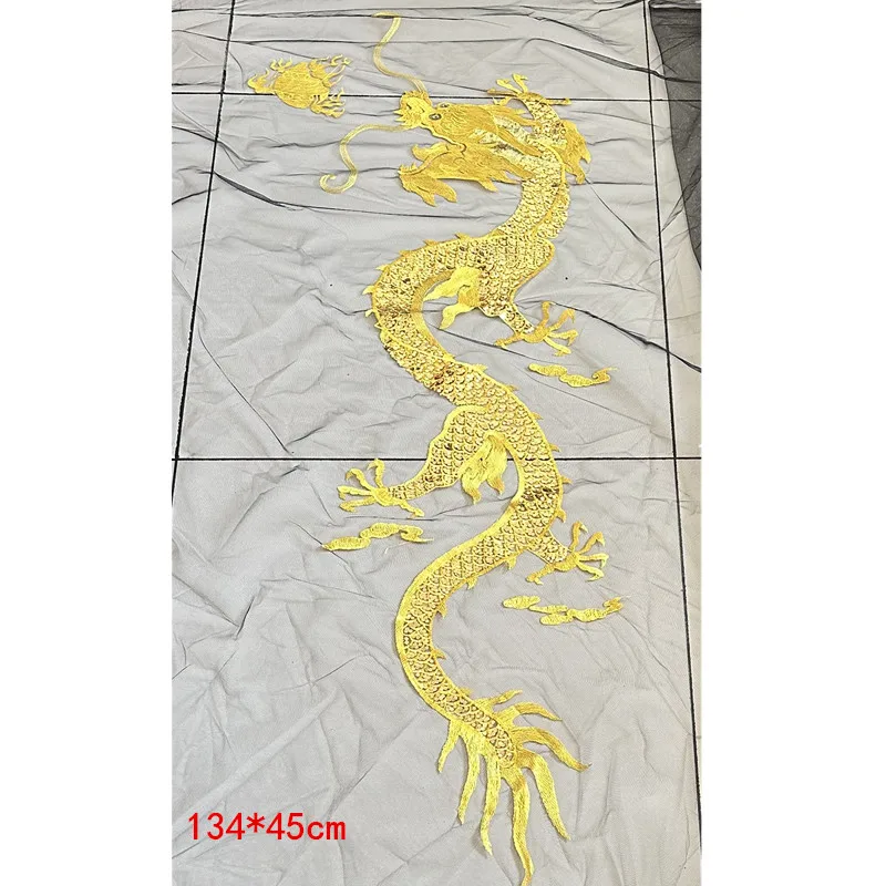 1Pcs Super Large Gold Sequin Dragon Black Mesh Fabrics Embroidery Patches Applique Sewing On Clothing Dress Lace Patch Decor DIY