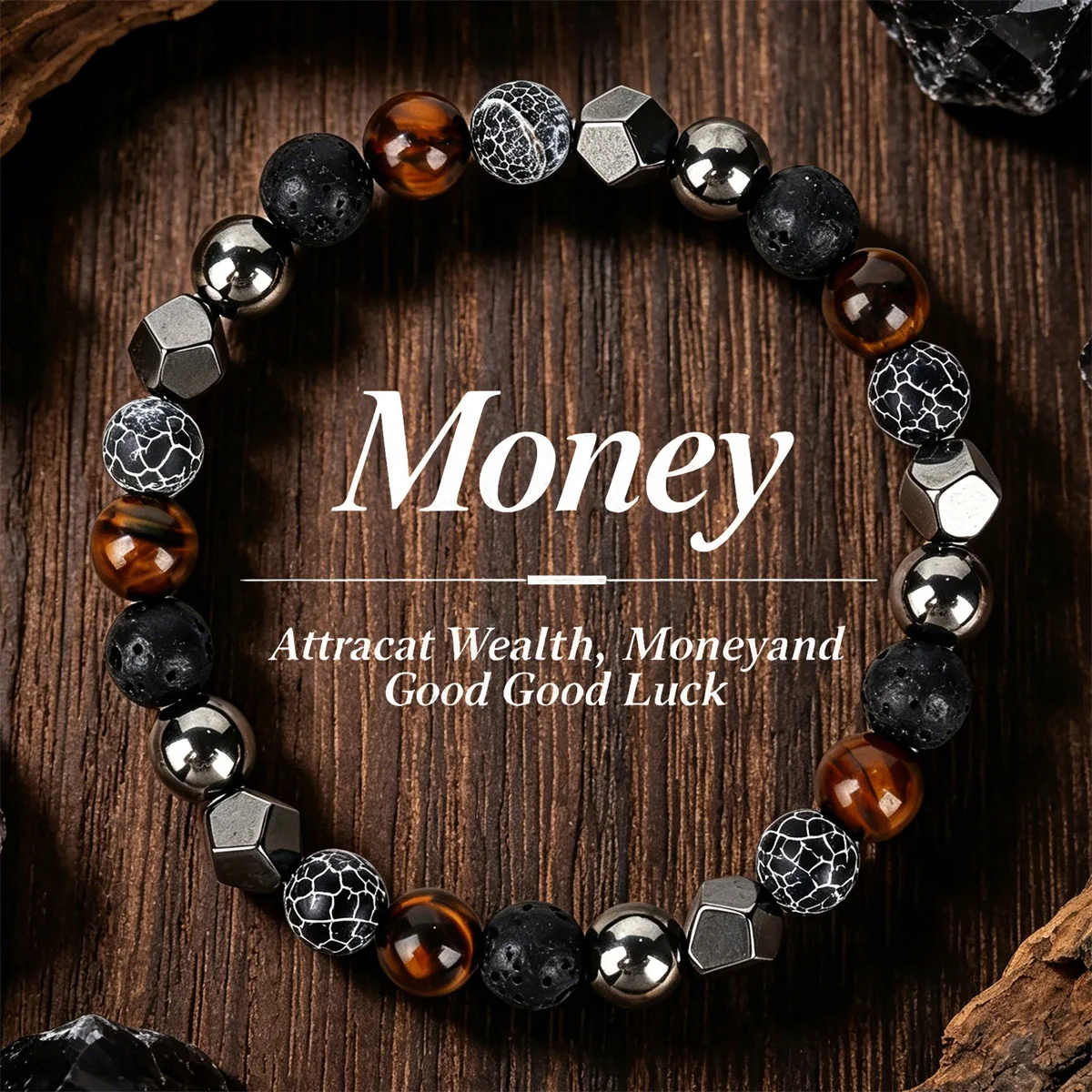 Unisex Tigerauge Lavastein Gesprenkelte Achat-Hämatit Stretch-Armband Reichtum Glücksbringer Energie-Schmuck Tägliches Urlaubsgeschenk – Detail 1