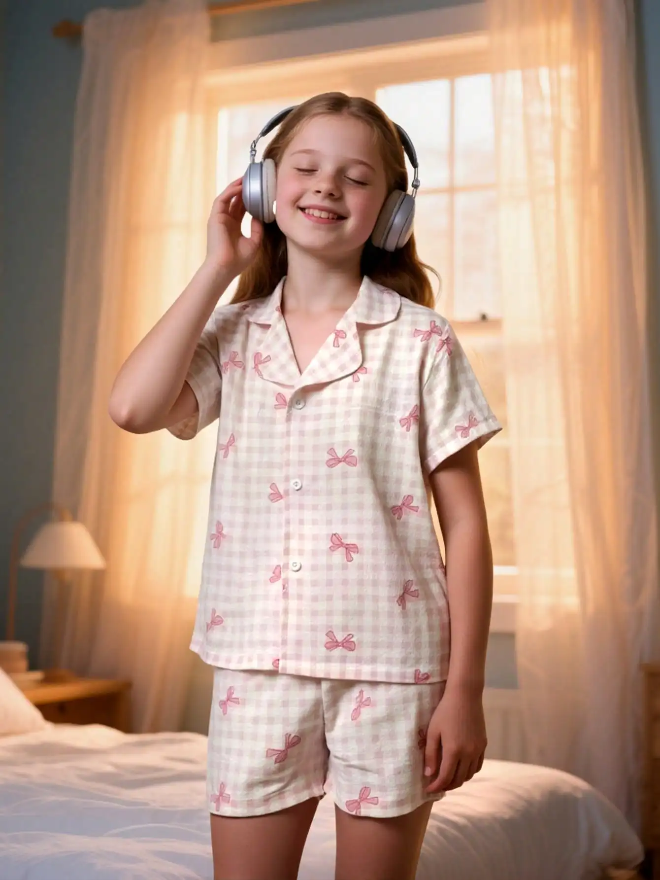 Girls' home suit summer style, girls' outdoor casual bow pink checkered top short sleeved shorts