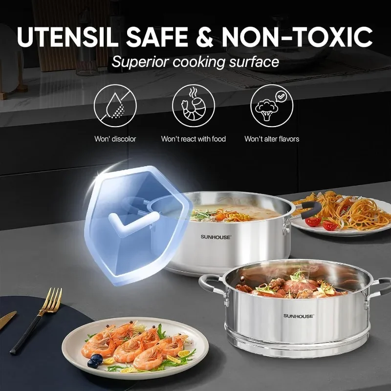 Steamer with Lid Multi-Purpose Stainless Steel Steamer Cookware for Vegetables Dumplings Sauces  Food