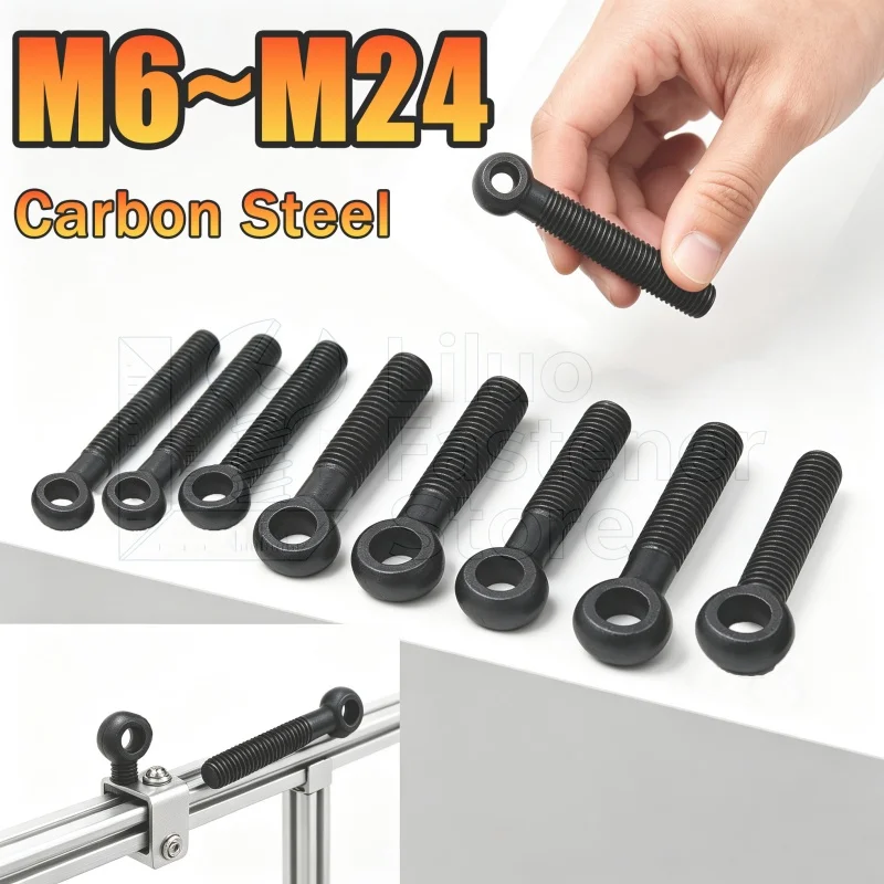1-20pcs M6 M8 M10 M12 M14 M16 M18 M20 M24 Black Carbon Steel Eye Bolts Slip-Kot Ring Link Bolt Fisheye Eye Slip Hole Screw