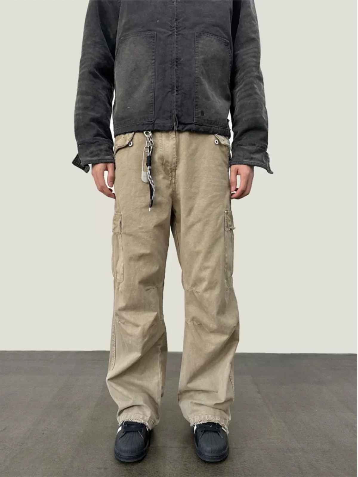 

Retro American Waed Light Khaki Vintage Destroyed Straight Leg Pants with Big kets ex Casual Workwear Trousers