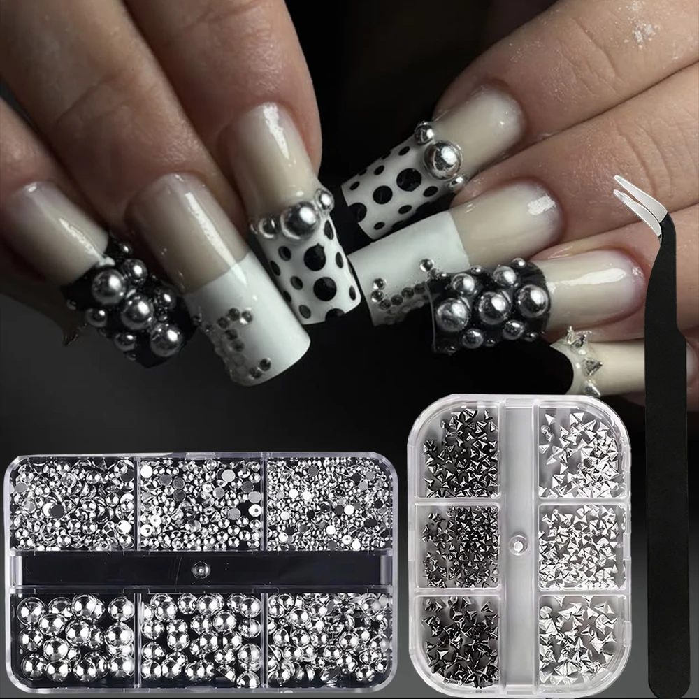 2 Boxes+Tool Cone Spike Rivets & Caviar Bead Punk Nail Charms 3D Mixed Silver Half Round Pearl Balls Tiny Cone Rivet Nail Decora