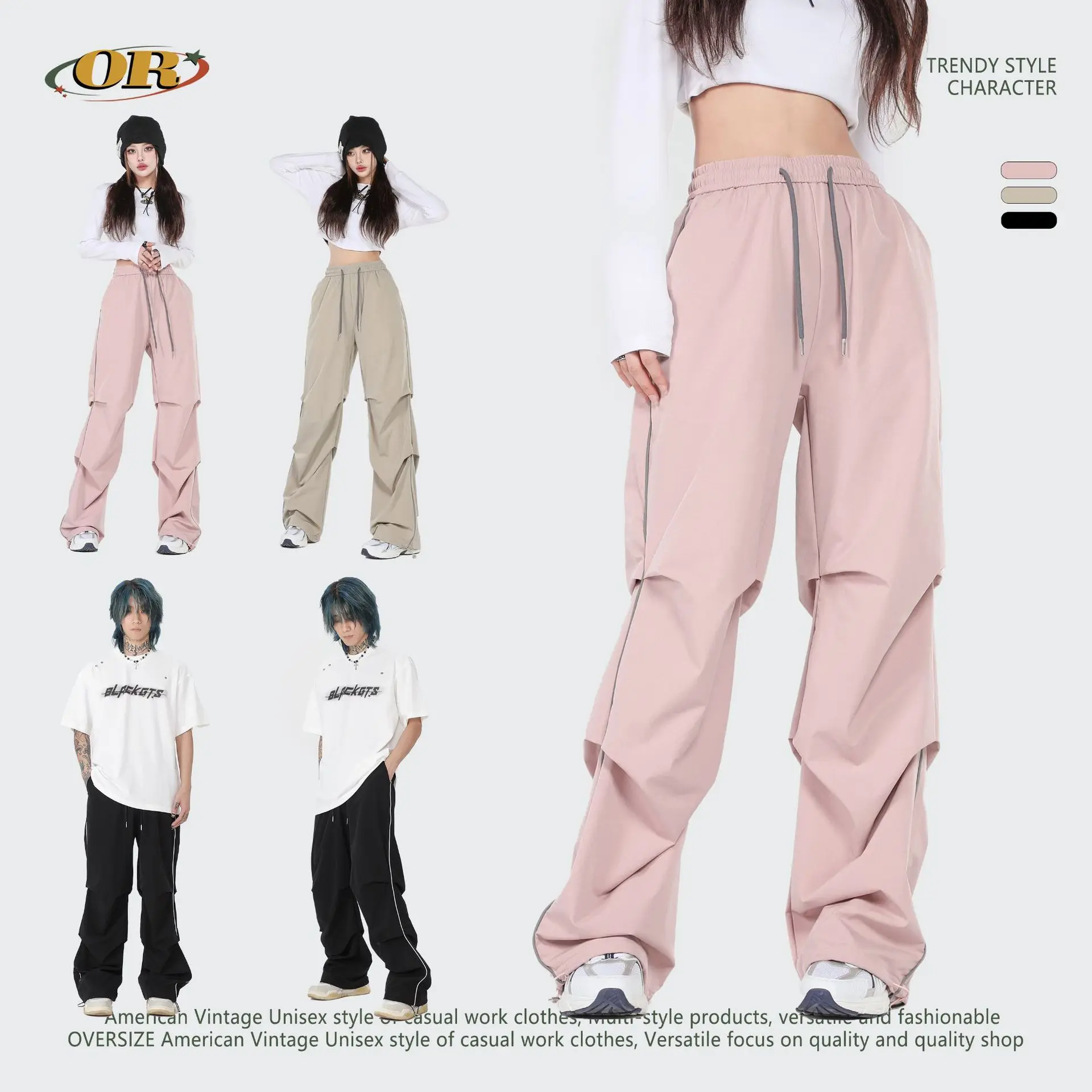 

OR FL Women's American Parachute Casual Pants Pink Cargo Trousers Baggy Staraight Fold Paratrooper Pants Solid Color Trousers