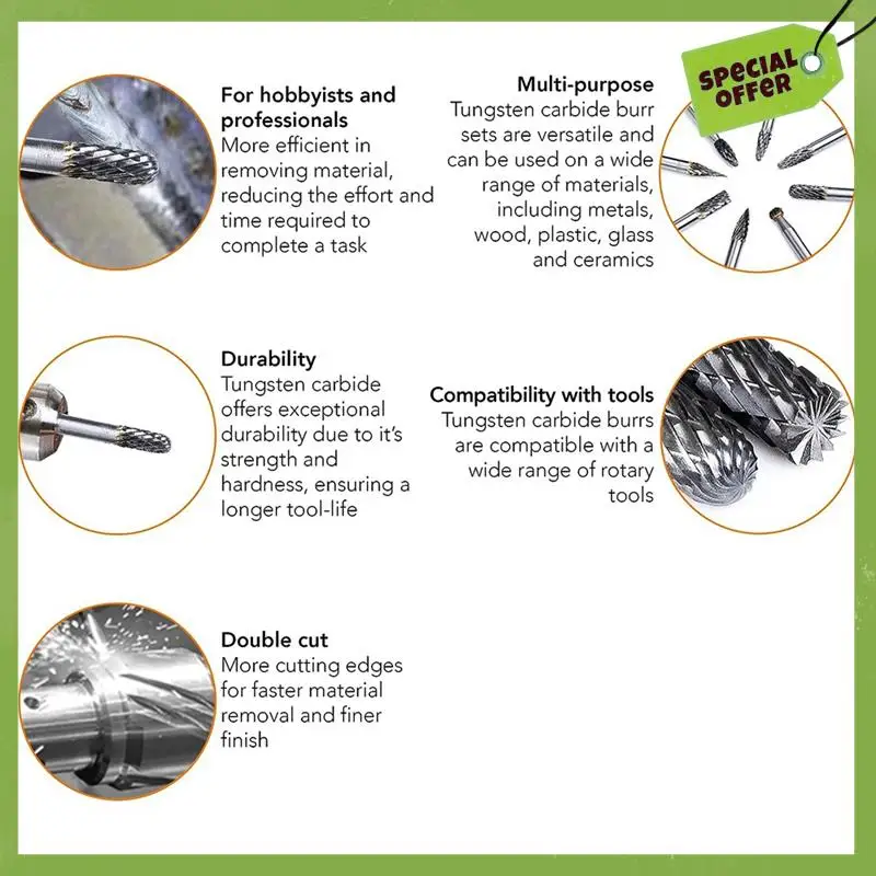 Double Cut Carbide Burr Set ¼In Shank 8PCS - Tungsten Carbide Die Grinder Bits - Rotary Rasp- Versatile Rotary Tool Bits Silver