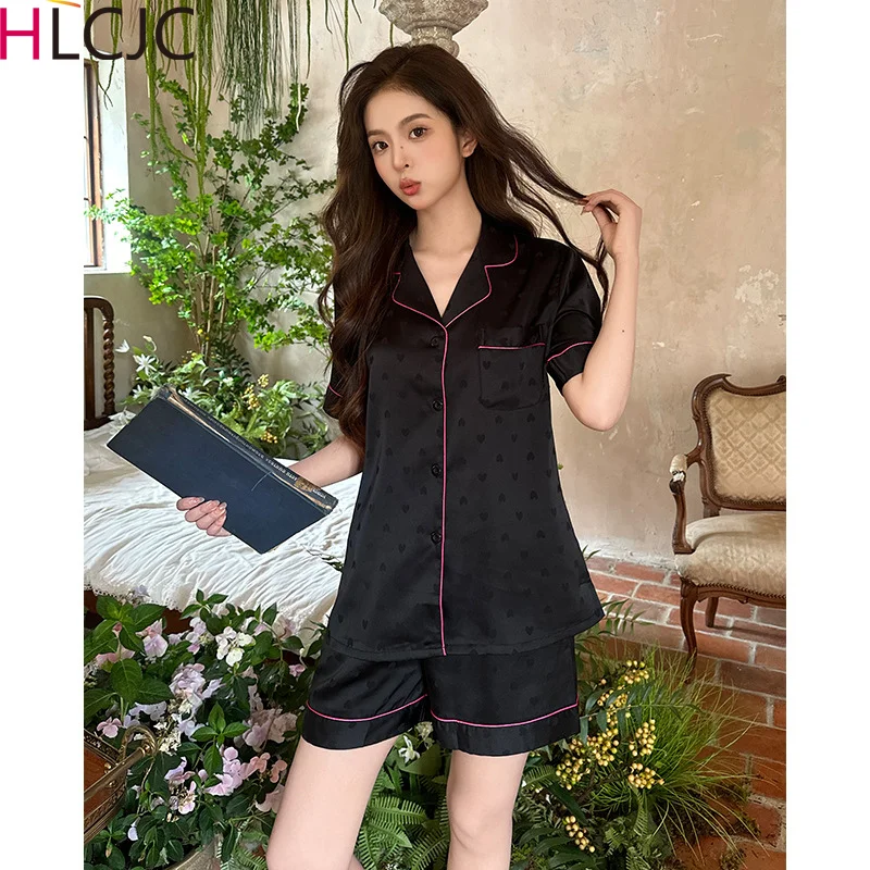 Jacquard Love Luxury Short Pajamas Summer Ice Silk Solid Sleepwear Women Faux Silk Pajama Sets Summer Piiama 2 Pieces Home Suit