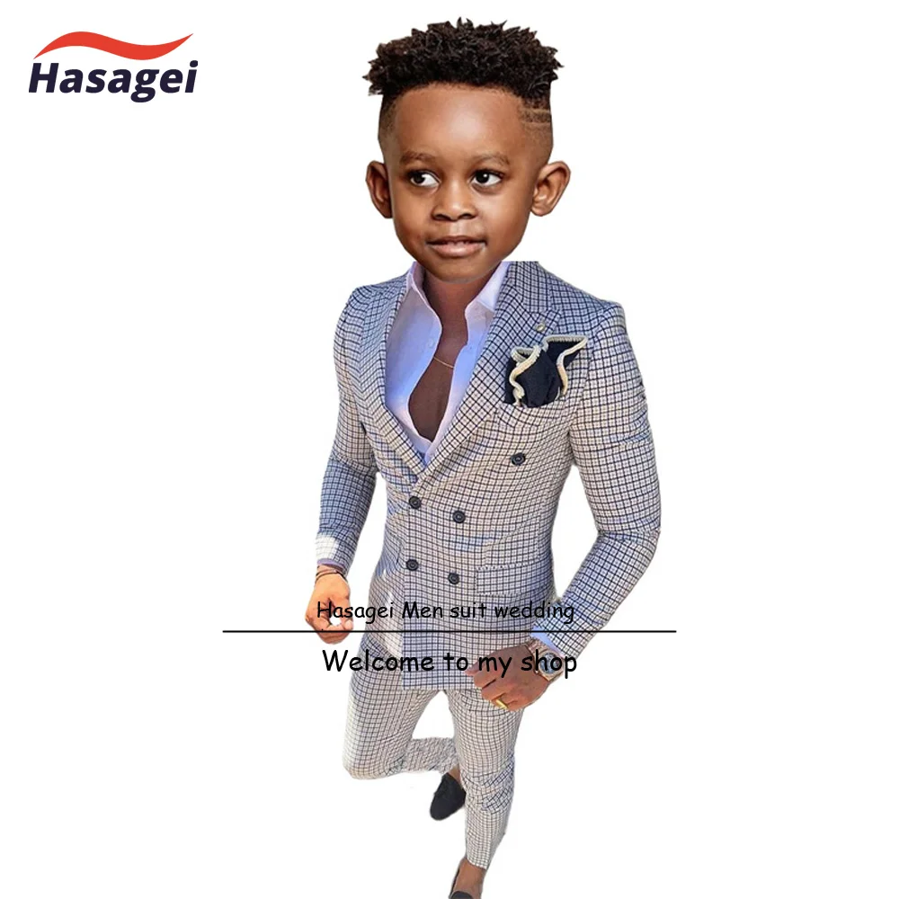 Terno xadrez de peito duplo para meninos, blazer formal para crianças, jaqueta e calça na moda, smoking de casamento, festa de 2 a 16 anos, 2 PCs