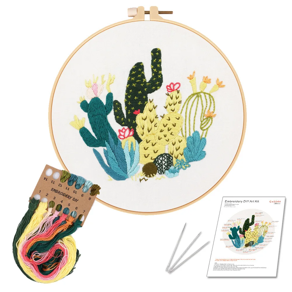 Embroidery Starter Kit with Pattern Cross Stitch Kit Including Embroidery Fabric with Plant Pattern Color Threads and Needles