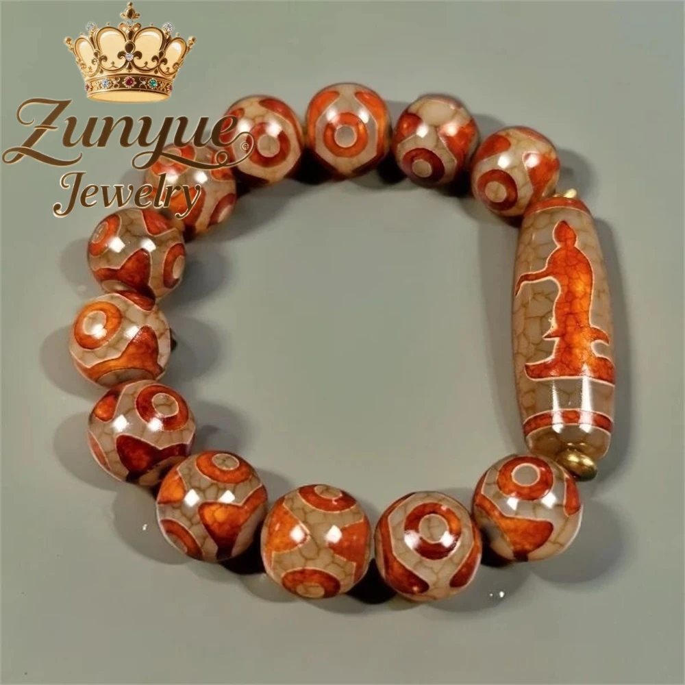 Unisex Natural Agate Three-Eye Dzi Bead Bracelet Vintage Pattern Tube Beads Tassel Elastic Wrist Band Hand Jewelry Accessories