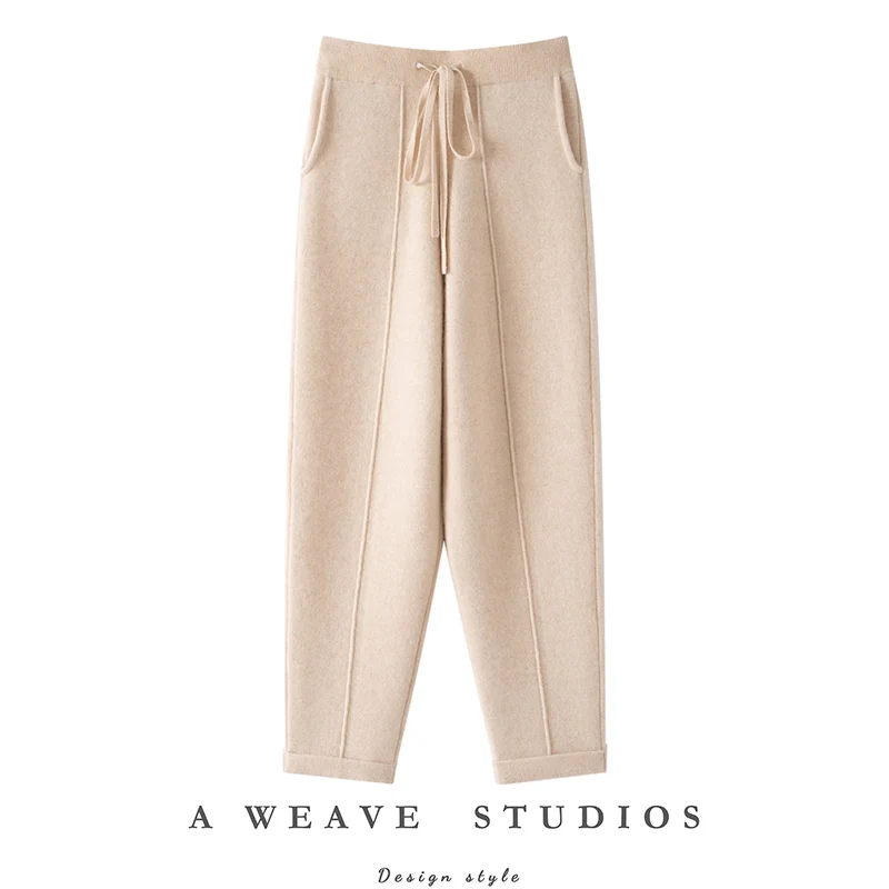 Autumn Winter Women 100% Cashmere Trousers Fashion New Style Thick Warm Pencil Pants Comfortable Elastic Waist Knit Pants