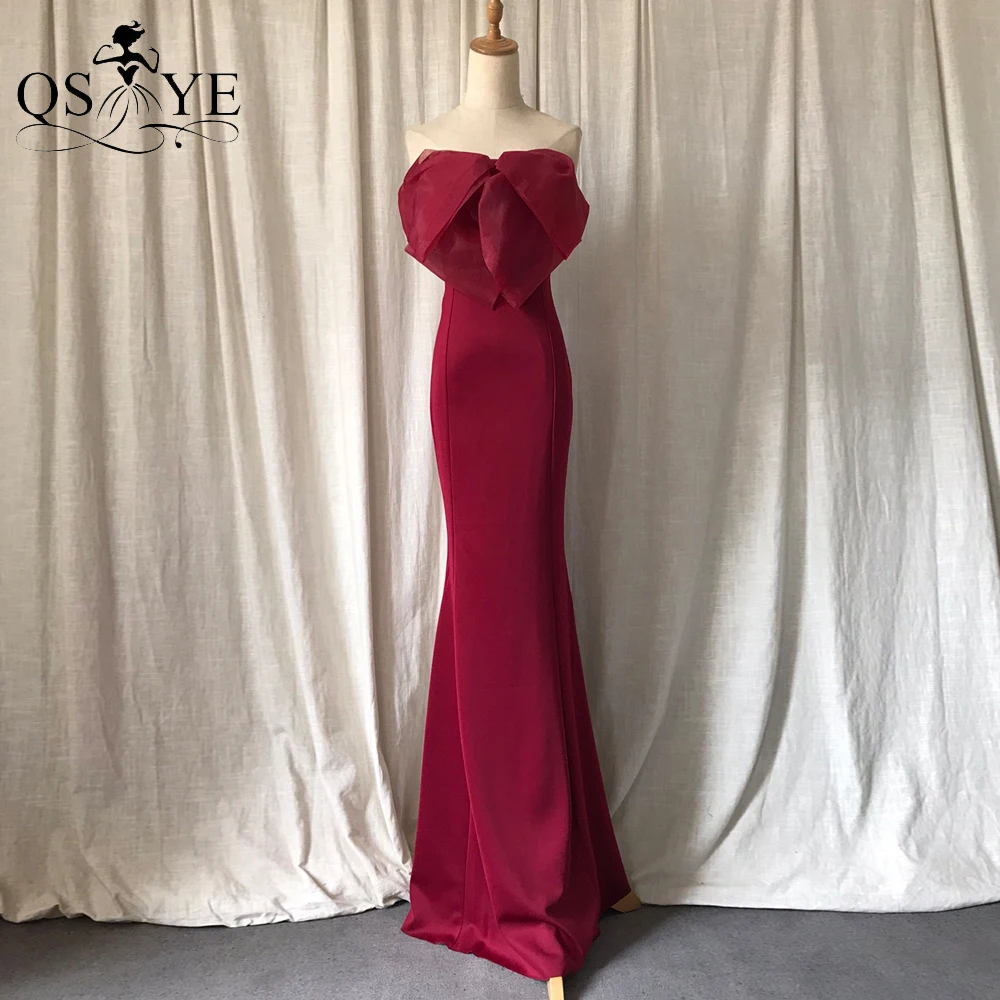 

Burgundy Big Bow Knot Evening Dresses Off Shoulder Mermaid Prom Gown Elegant Simple Fit Stretchy Long Party Formal Dress Elastic