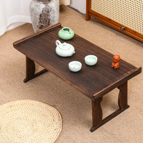 طاولة منخفضة قابلة للطي على الطراز الياباني، لمسة نهائية بنية عتيقة، تصميم قابل للطي على الطراز التقليدي، لمسة نهائية محكم