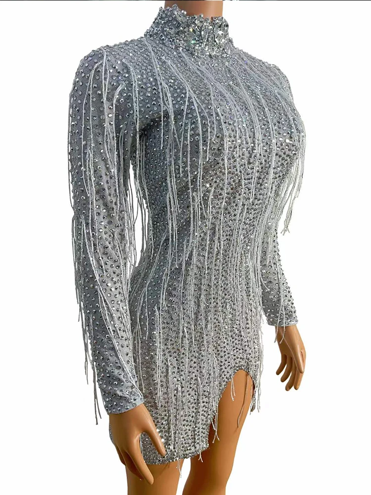 실버 라인 석 프린지 드레스 탄성 Wap 엉덩이 섹시한 짧은 드레스 나이트 클럽 댄스 의상 여성 고고 가수 이브닝 드레스 yj035