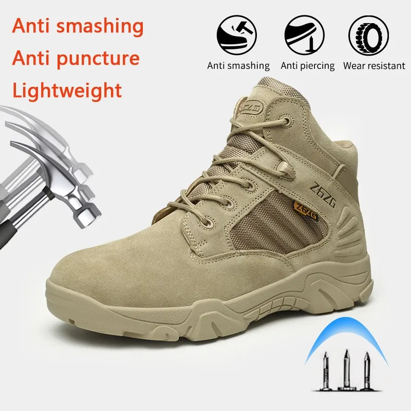 

Luxury Men's Safety Shoes Anti Smashing Anti Piercing Combat Boots High Cut Outdoor Desert Boots Wear-resistant Protective Shoes