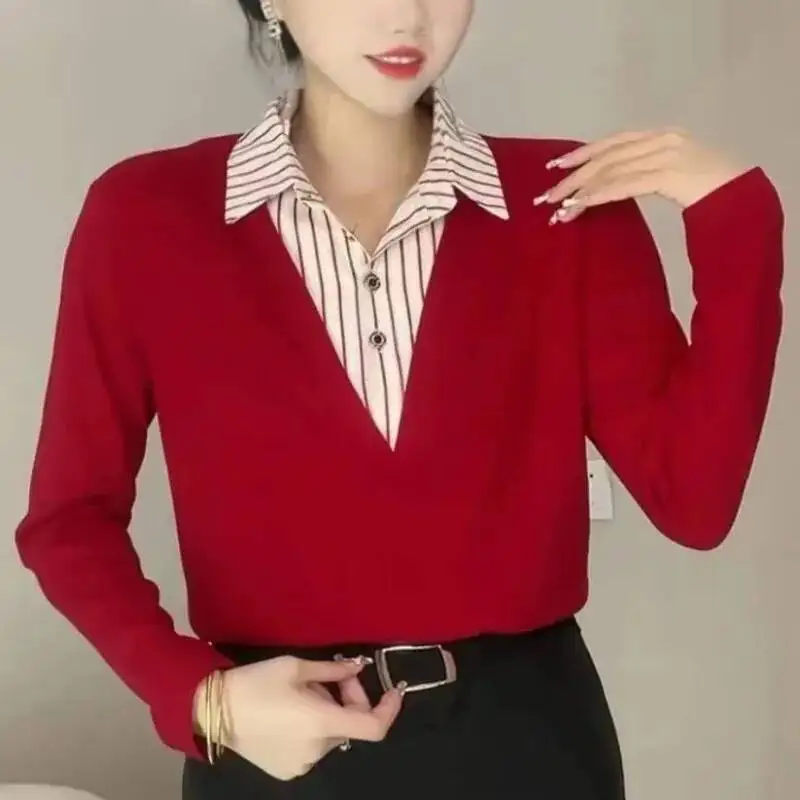 เสื้อเชิ้ตผู้หญิงแฟชั่นฤดูใบไม้ผลิและฤดูใบไม้ร่วง คอปกโปโล แต่งลายทาง ดีไซน์สองชิ้นหลอกๆ สไตล์เรียบหรู แขนยาว ทรงหลวม