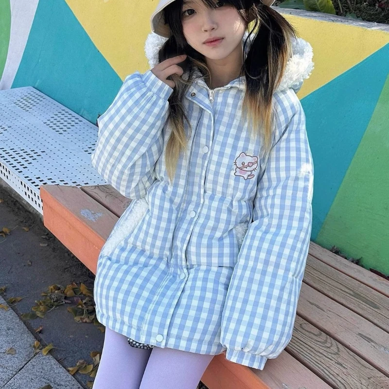 Japanese Kawaii Preppy Style Winter Embroidery Warm Women Parka Cute Embroidery Hooded Tops Plush Velvet Lined Down Padded Coat